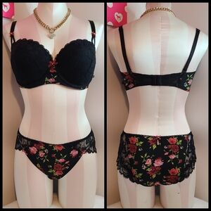 VTG Victoria's Secret 3pc Rose Lace Bra & 2 Panties Set Size 34E/med